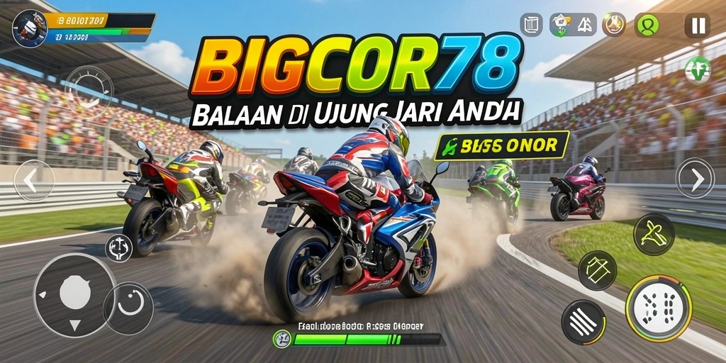 Screenshot gameplay <strong>BIGCOR78</strong> yang menunjukkan aksi balapan motor yang mendebarkan.