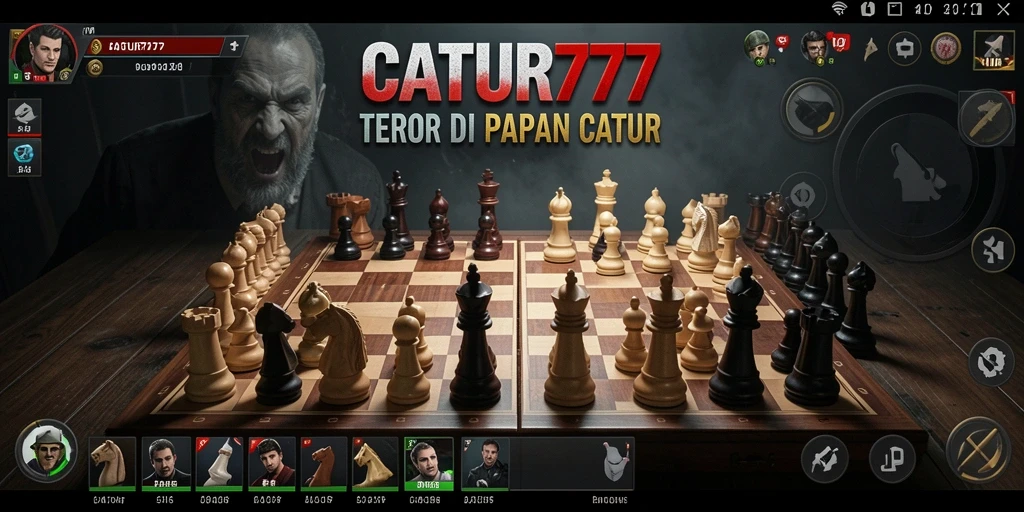 Tampilan gameplay mencekam di papan catur yang berkabut.