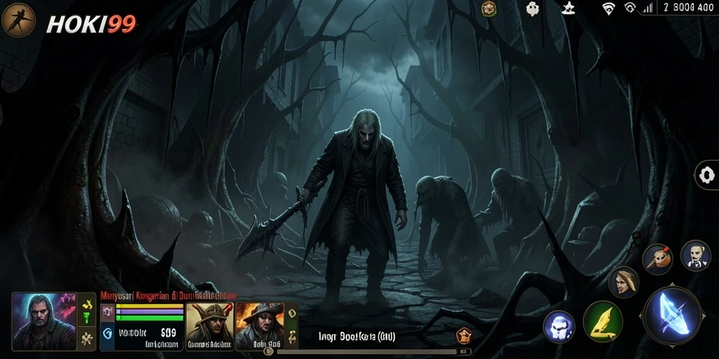 Tampilan gameplay menegangkan dalam dunia HOKI99 yang gelap.