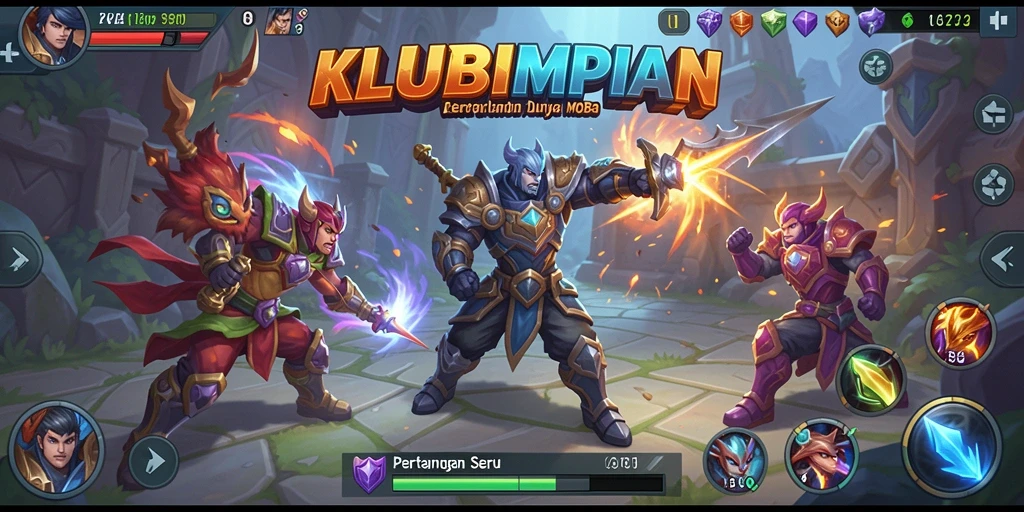 Tampilan gameplay seru dalam KLUBIMPIAN dengan aksi pertarungan MOBA.