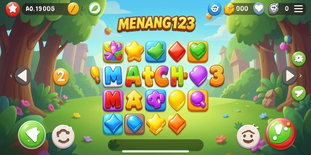 Screenshot gameplay <strong>MENANG123</strong> menampilkan aksi mencocokkan buah berwarna-warni.