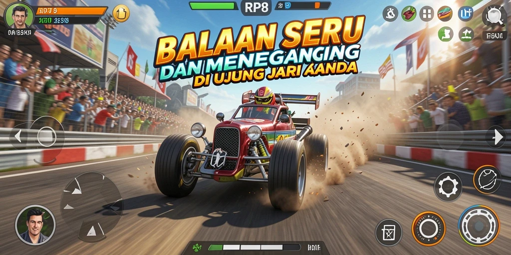 Screenshot utama RP8 menampilkan aksi balapan yang mendebarkan dan menarik.