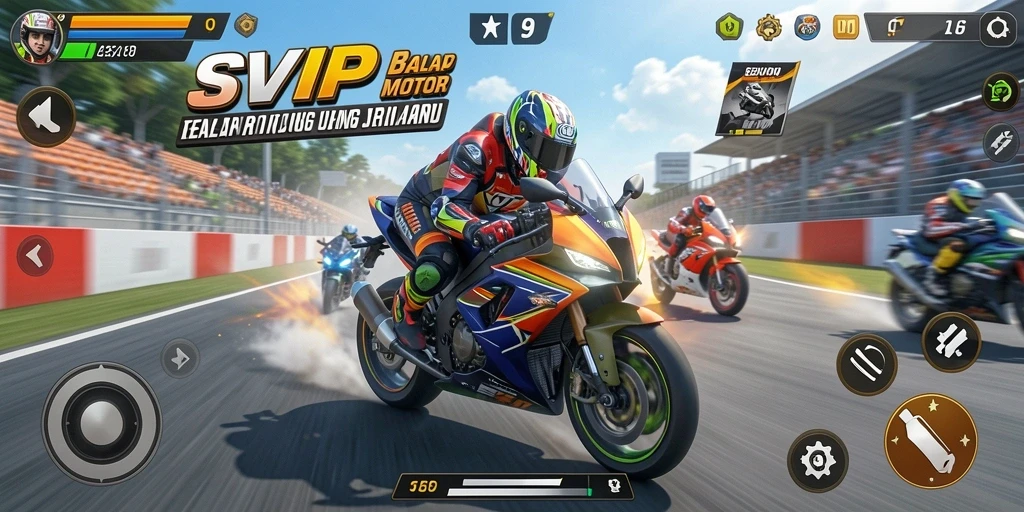 Gameplay mendebarkan dengan balapan motor seru.